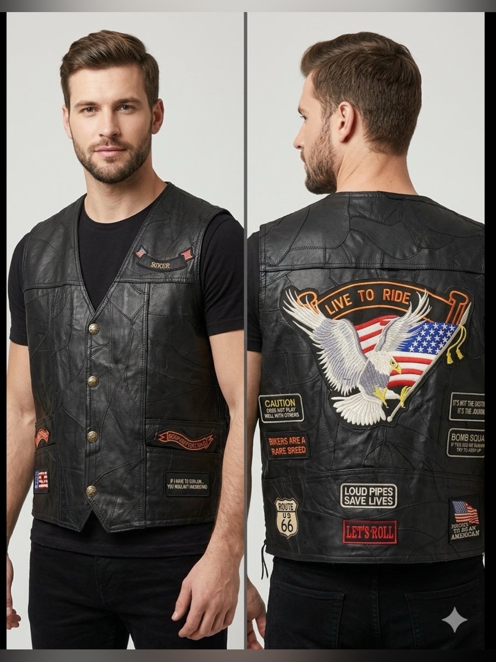 VINTAGE Genuine Buffalo Leather Embroidered Biker Edgy Goth Vest Men's Black 4X